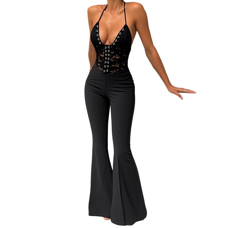 JY25132 verano nuevo cuello halter sexy encaje slim fit tirantes mono europeo y americano transfronterizo adelgazante pantalones de mujer