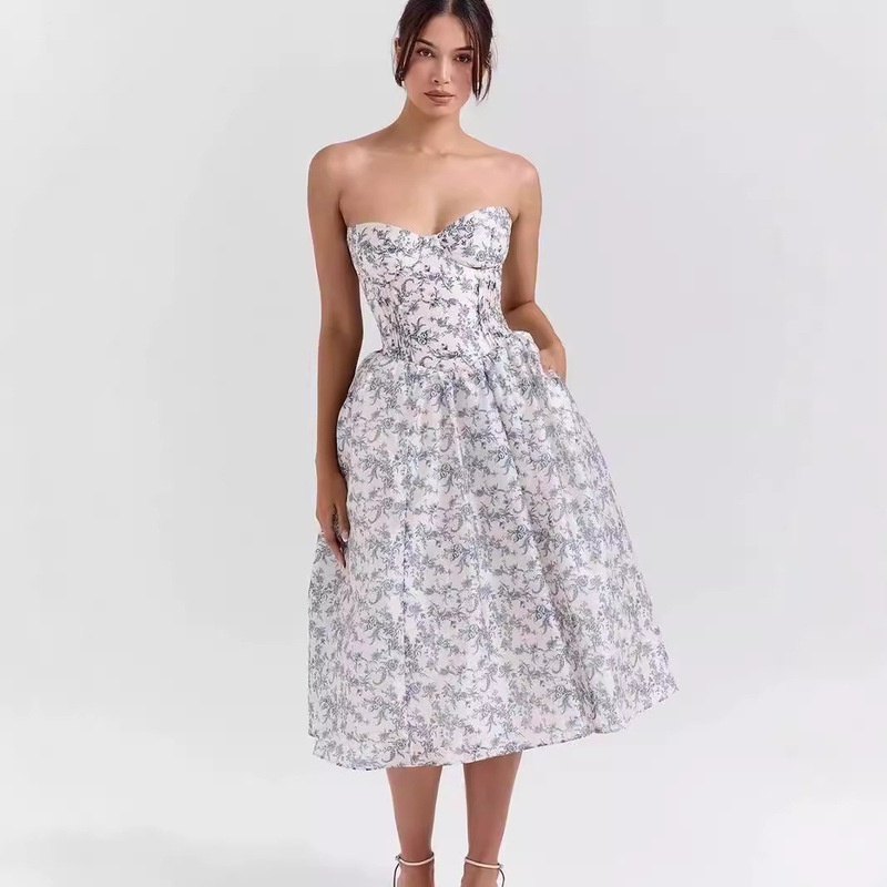 Autumn 2024 New Blue and White Porcelain Printed Tube dress Pleated Mid-length Dress with Floral Print for Women