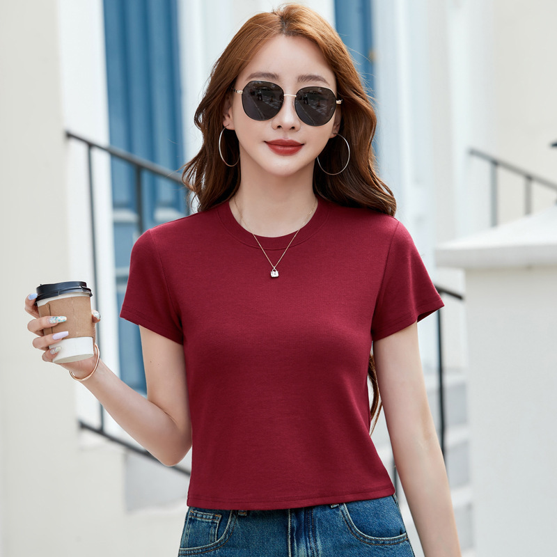 492 Shoulder Short-sleeved T-shirt Women's wine red New Slim-fit All-match Western Style Small Shirt Internet Popular Popular Round Neck Top Trendy