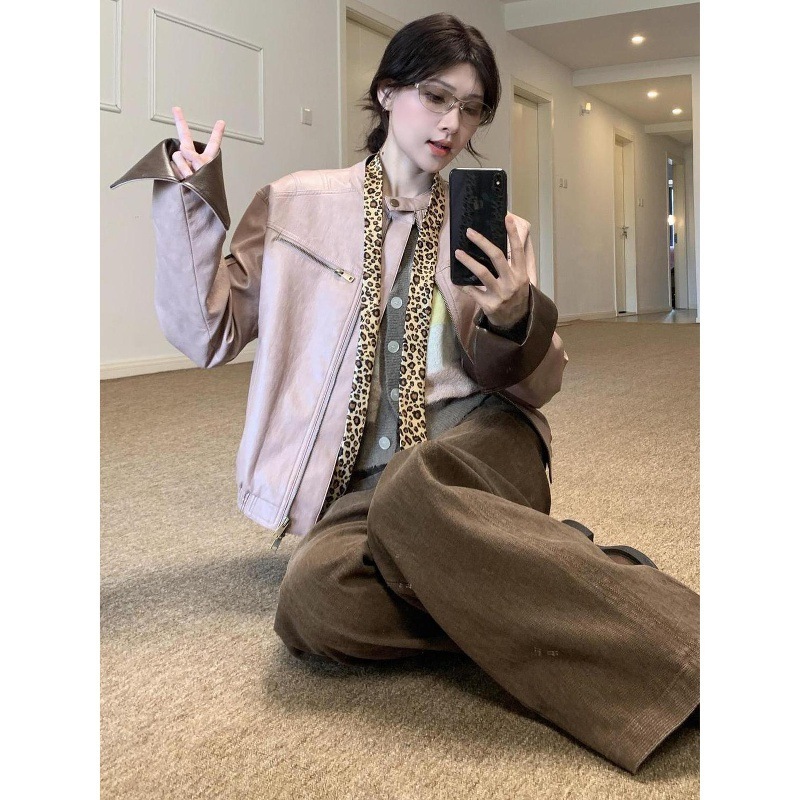 美式复古酷飒风撞色pu皮衣外套女秋季独特超好看廓形休闲夹克上衣|undefined