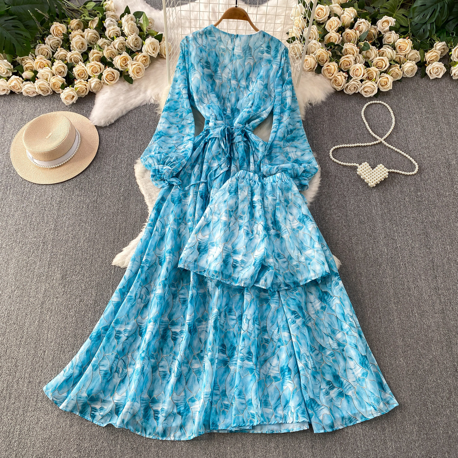 Women's French Style Chiffon Floral Print Dress Summer Korean Tie Waist Long Sleeve Slimming Maxi Dress Perfect With Leggings_ecoleips.com