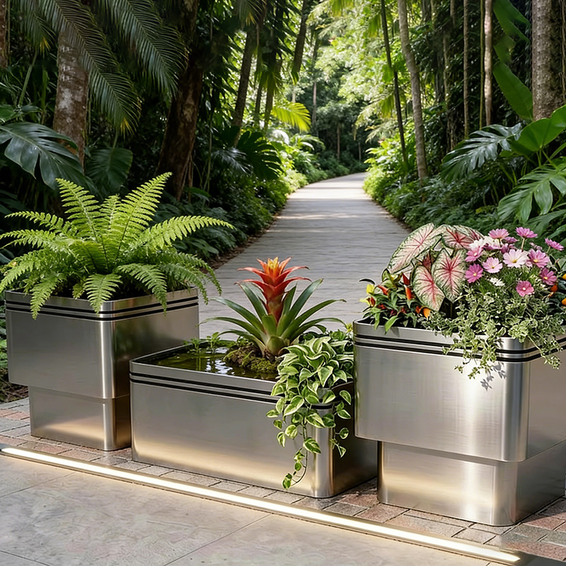 Caja de flores de acero inoxidable forjado al aire libre, sala de ventas, caja de flores de calle comercial, caja de flores de metal terminada, cerca de caja de flores