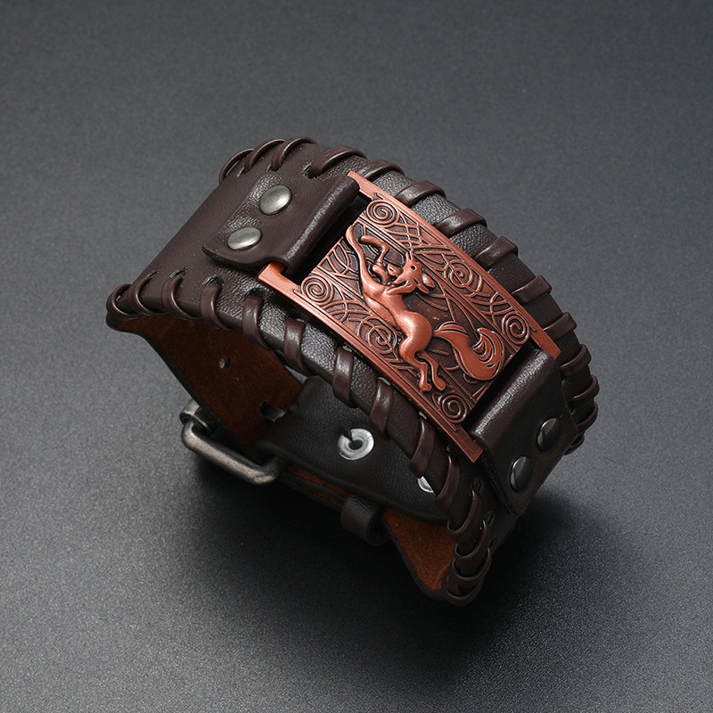 Simple retro Viking fox totem woven leather bracelet