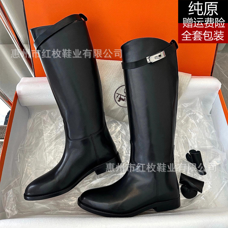 2025新款h家锁扣单靴长靴子女秋冬骑士靴长筒靴不过膝真皮瘦瘦靴|undefined