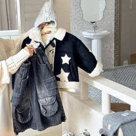 杉伴韩系男小童冬季新款加绒款黑灰工装长裤男宝宝休闲宽松牛仔裤