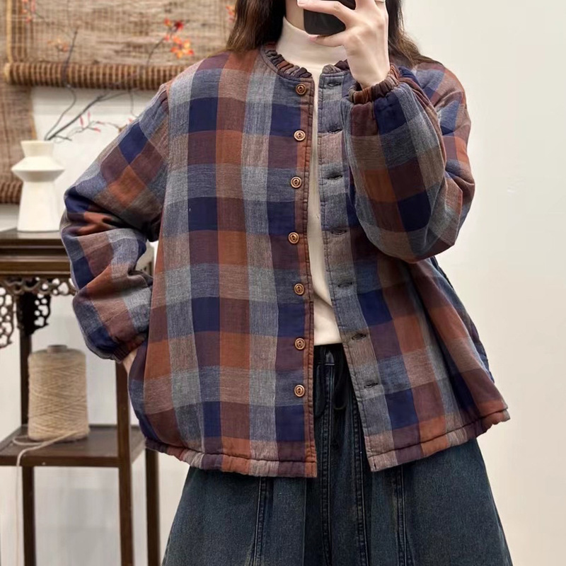 木耳边领格子棉服外套女士秋冬轻薄夹棉长袖开衫休闲简约复古棉衣|undefined
