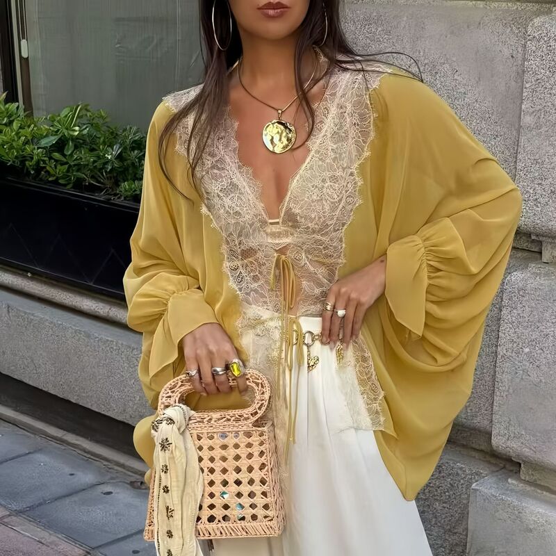 Pb&Za High-End Light Luxury Hollow-Out Design Zw Series Long-Sleeve Asymmetrical Transparent Lace Chiffon Shirt Pb&Za High-End Light Luxury Hollow-Out Design Zw Series Long-Sleeve Asymmetrical Transparent Lace Chiffon Shirt