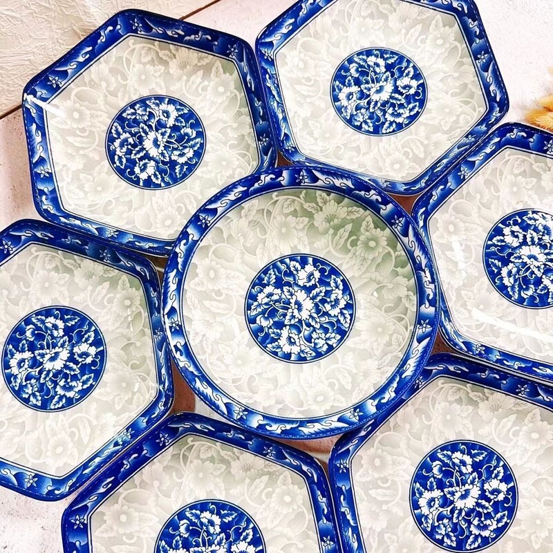 Set of Blue and White Porcelain Hexagonal Plates + Large Soup Bowl Platter Combination Set, Ceramic Household Underglaze Colored Diamond-Shaped Rice Plate Platter