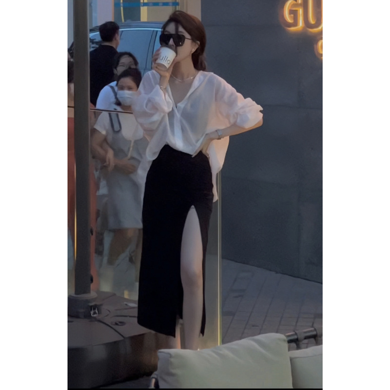 공식 피겨 백 스트랩 카디건 셔츠 태양 보호 의류 올매치 플리트 스플릿 스커트 세트