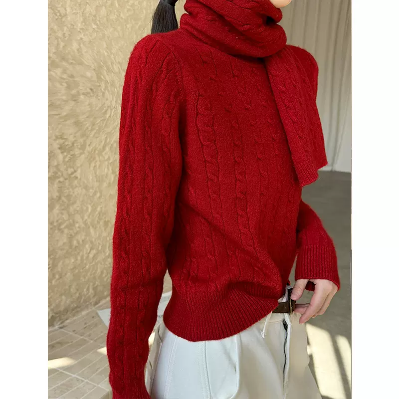 橘芷复古麻花套头毛衣女设计感围巾2025新款毛衣女秋冬针织衫7615