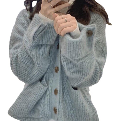 Korean style V-neck soft waxy sweater for women in autumn and winter new style single-breasted loose and versatile lazy style knitted cardigan jacket trendy