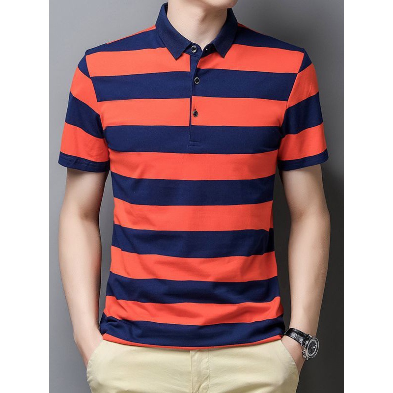 [Puede abrirse] polo de algodón a rayas de hombre ligero de negocios T-shirt de manga corta con collar a rayas elásticas