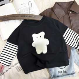 男童假两件t恤2026新款秋款儿童小熊打底衫休闲宽松上衣套头衫