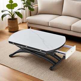 升降茶几多功能小户型圆形餐桌两用升降岩板一体式客厅家用折叠