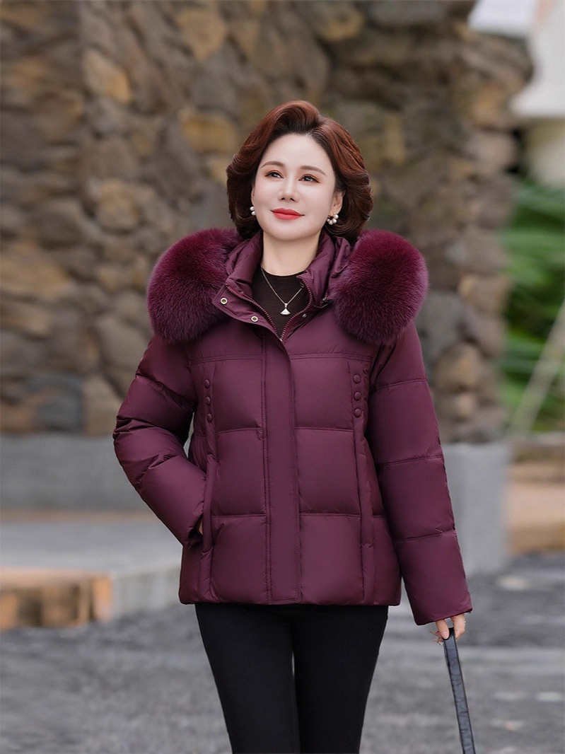2025高端妈妈羽绒服女士短款加厚连帽冬季新款狐狸毛领中老年外套