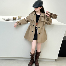 女童中长款风衣外套春秋装2025新款韩版收腰上衣儿童时髦皮衣秋装