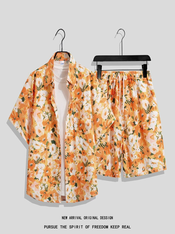 Гавайская цветочная рубашка пляжный костюм Летний тонкий Санья Туризм для мужчин и женщин Пара больших размеров свободные повседневные укороченные брюки