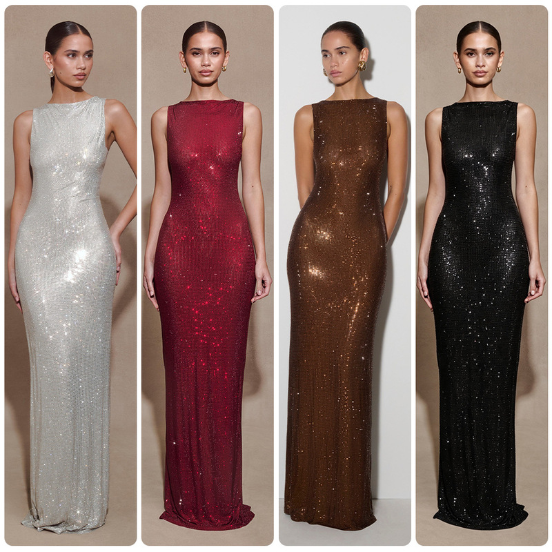 Silver sequin sleeveless bodycon long dress for women, with back slit, slim fit, suitable for evening parties and hosting, floor-length gown Silver sequin sleeveless bodycon long dress for women, with back slit, slim fit, suitable for evening parties and hosting, floor-length gown