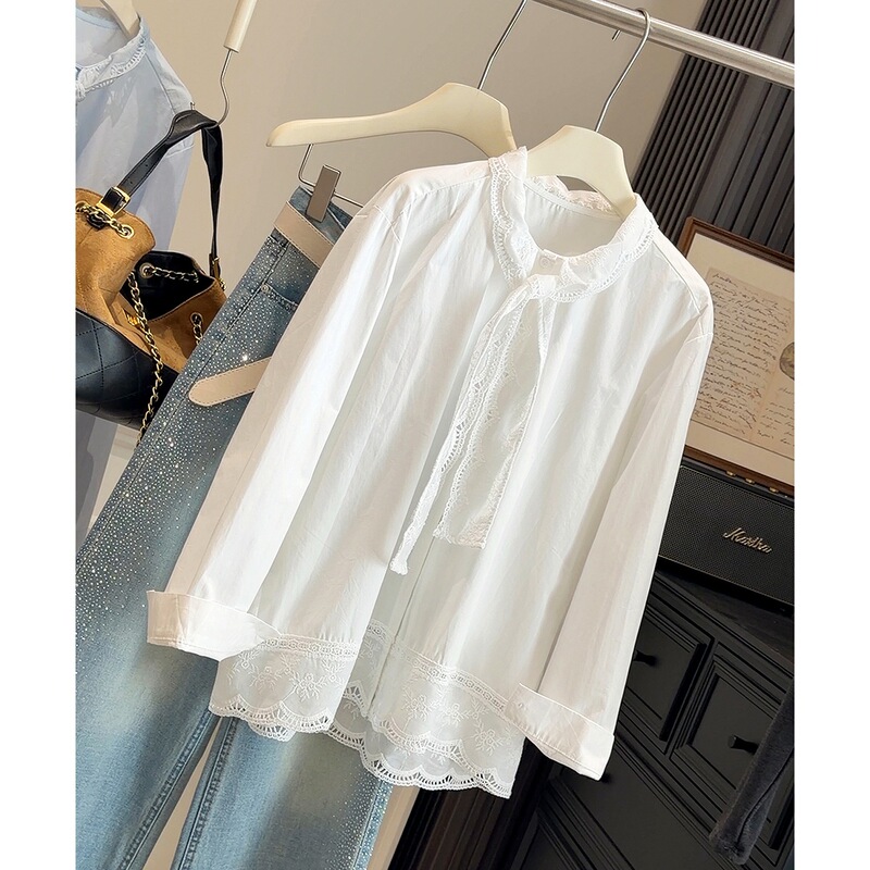 French-Style White Lace-Up Long-Sleeve Shirt for Women, Loose Mid-Length Embroidered Hollow-Out Layered Blouse for Spring and Autumn French-Style White Lace-Up Long-Sleeve Shirt for Women, Loose Mid-Length Embroidered Hollow-Out Layered Blouse for Spring and Autumn
