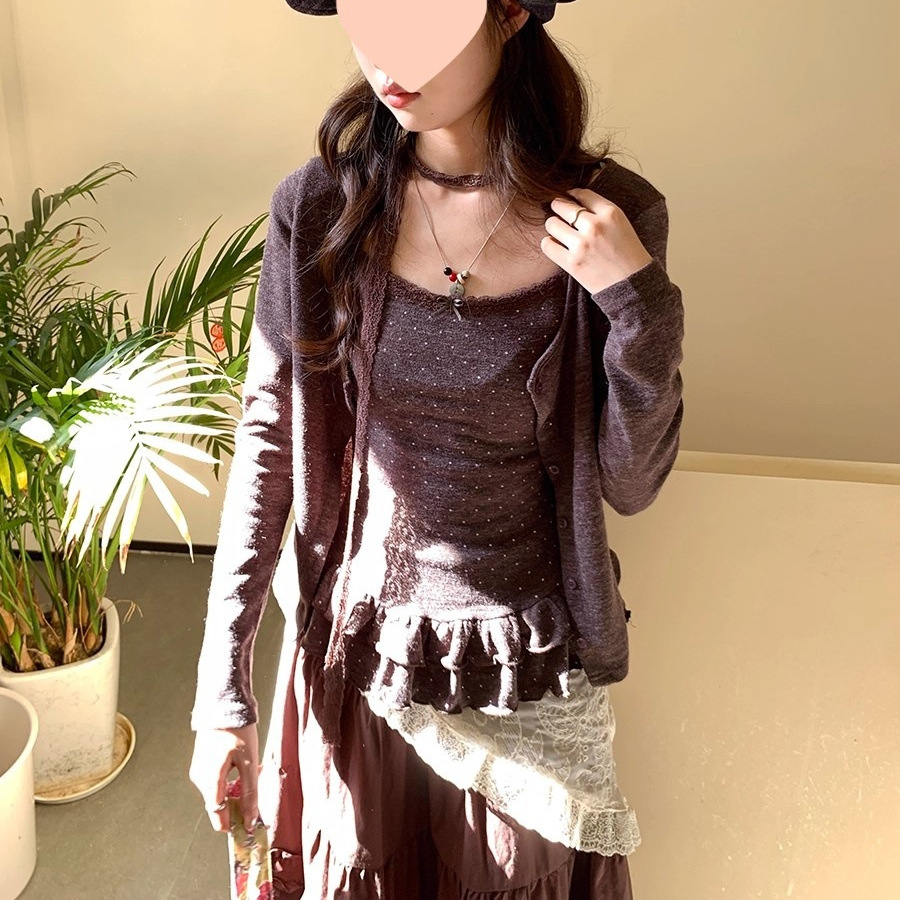 纯欲风荷叶边拼接波点吊带上衣外搭弹力长袖开衫时尚百搭两件套女