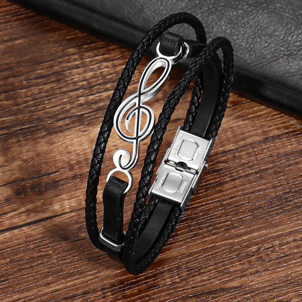 European and American Hip-Hop Men's Bracelet Men's Musical Note Leather Bracelet Simple Multi-Layer Woven Trendy Men's Bracelet for Boyfriend