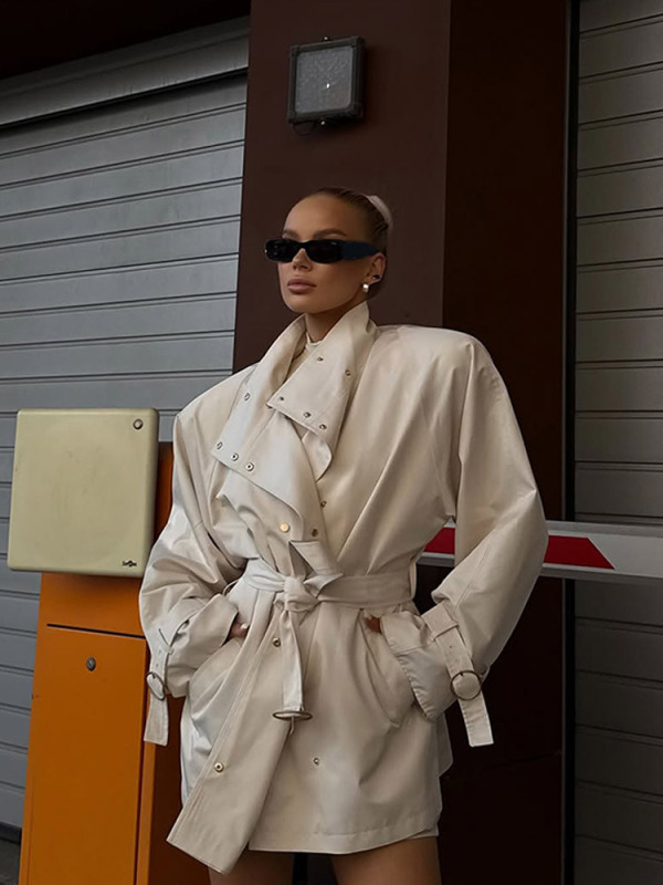 时尚设计感纯色立领带腰带风衣外套女2025跨境欧美风秋冬新款热卖|undefined