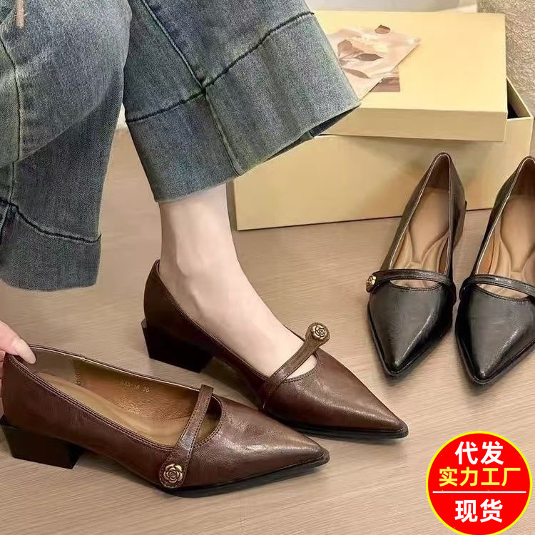All-Match Fashion Retro Shallow Mouth High Heels Women's Camellia Buckle Thick Heel Shoes Pointed Toe Elegant Mary Jane Shoes