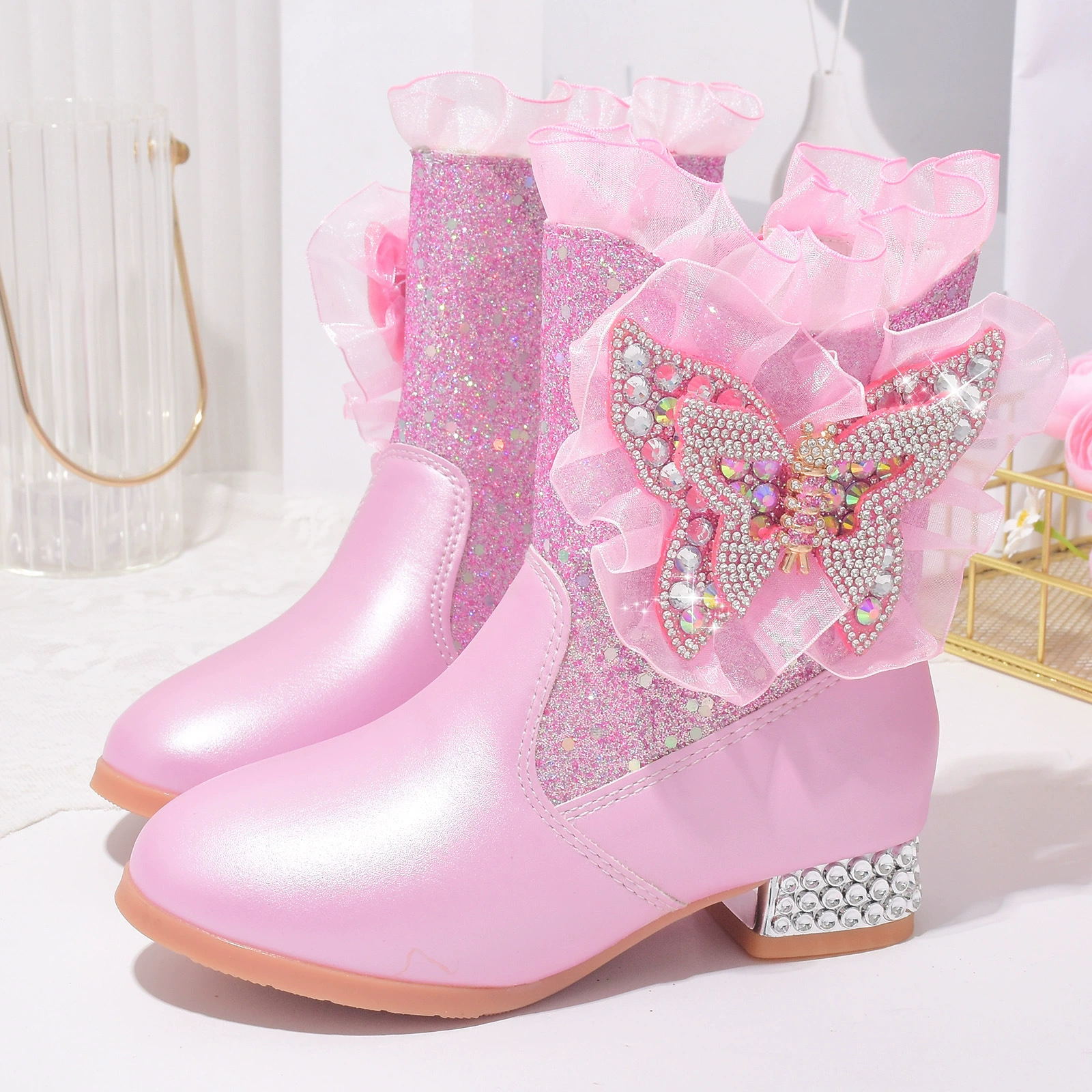 Сапоги для девочек Принцесса Айша Кристаллические сапоги 2024 осень-зима новые толстые нескользящие хлопковые сапоги куроми детские сапоги