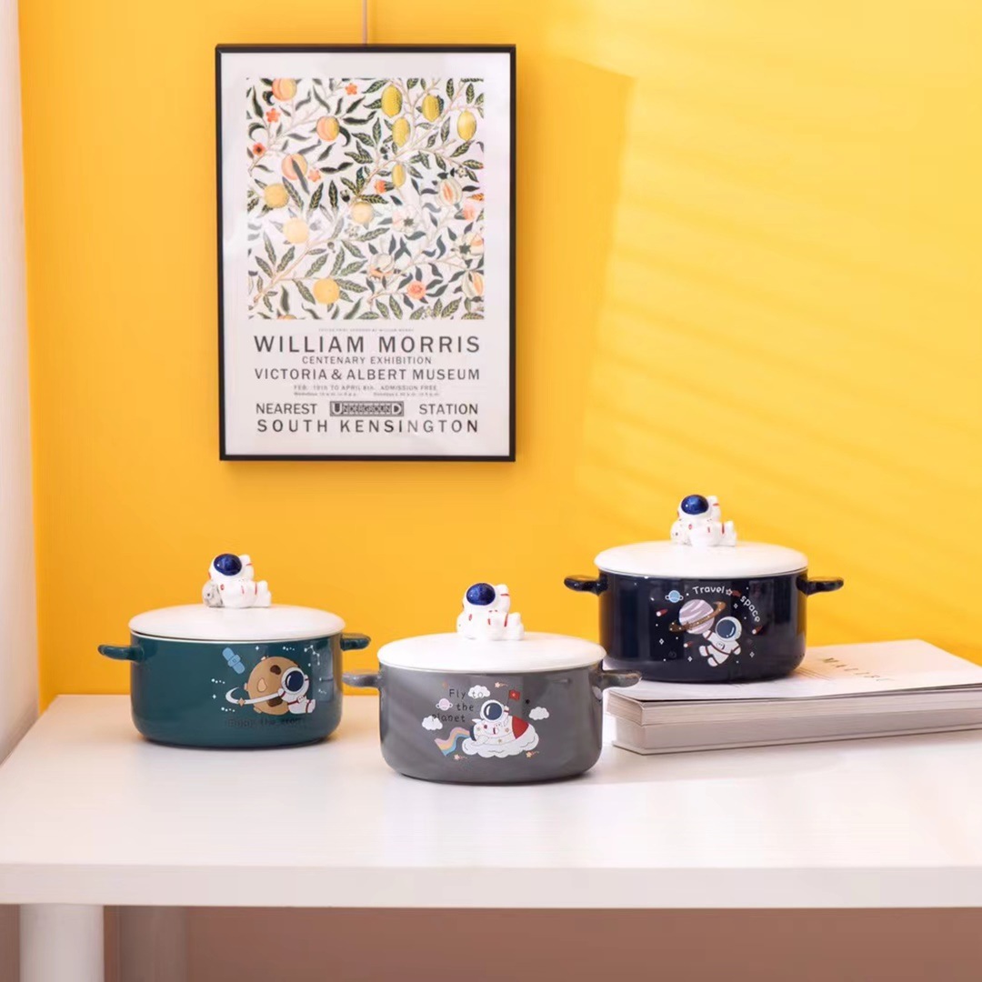 Creativo espacio astronauta regalo de tazón de fideos instantáneos 3D muñeca de cerámica 3D doble oído tazón de fuente caliente ensalada de dibujos animados personalizada tazón