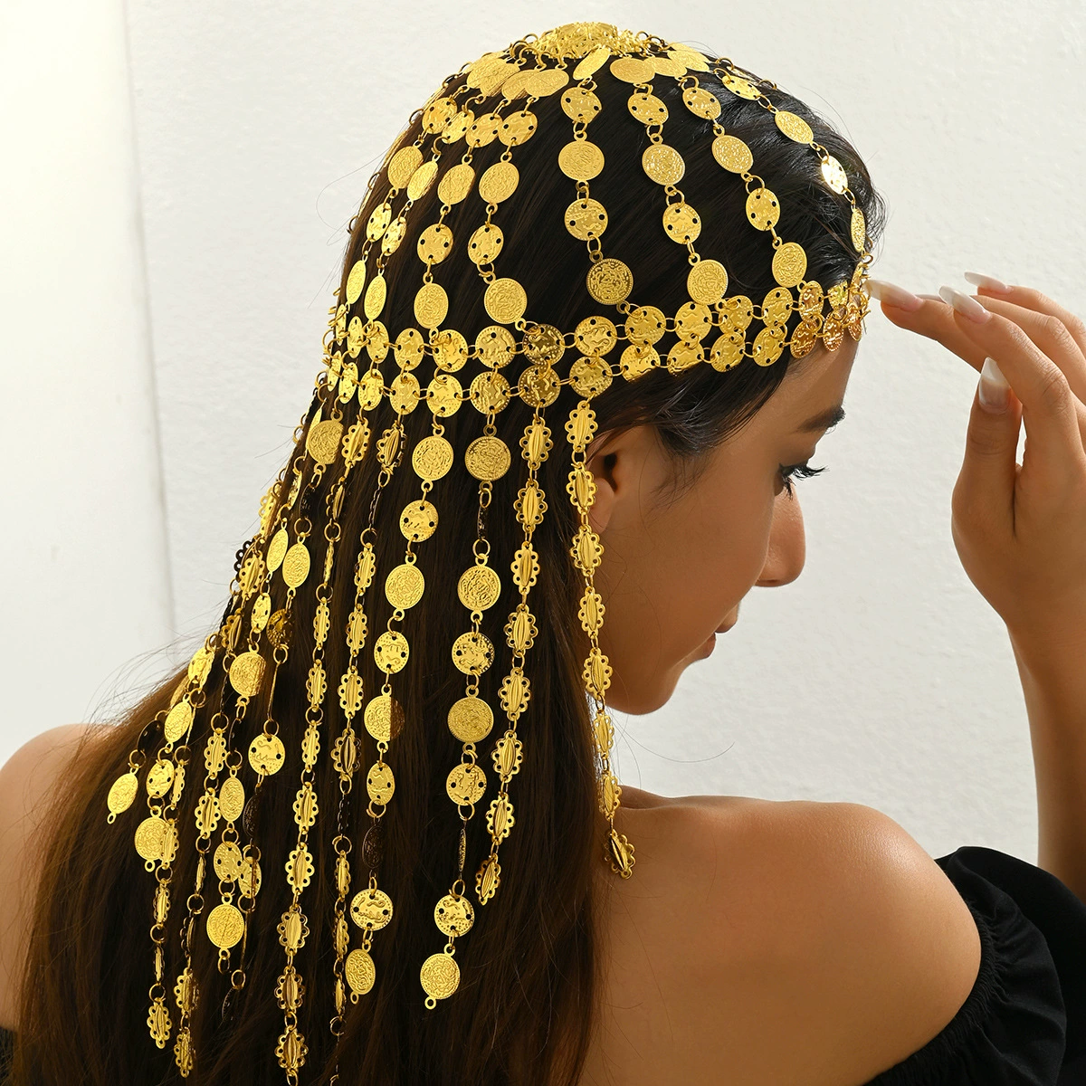 Популярная в Ближнем Востоке длинная цепочка для волос с кисточками для монет, ретро-дворцовый стиль, преувеличенный многослойный золотой головной убор, экзотический стиль.