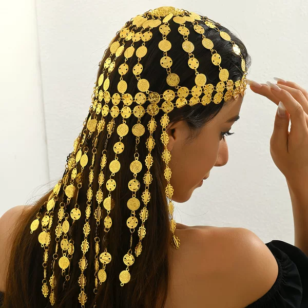 A Middle Eastern Hot-Selling Long Coin Tassel Hair Chain, Retro Palace Style, Exaggerated Multi-Layered Golden Headwear, Exotic Style
