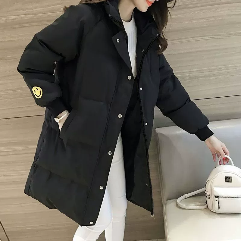 Long warm down jacket with hood, mid-length, Korean style
