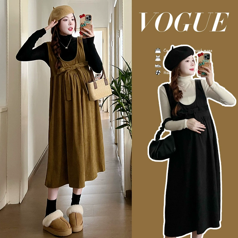 Платье для беременных осень и зима 2023 новый костюм Мода ремень юбка плюс размер платье Западная мода