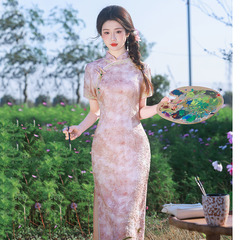 粉色國風新中式長款改良旗袍2025新款女復古修身短袖日常可穿夏季