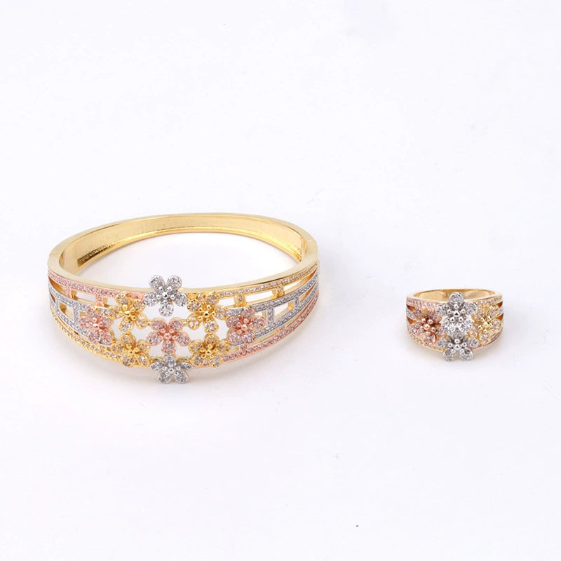 Small bracelet, ring, three colors, micro incrustation, flowered, wholesale