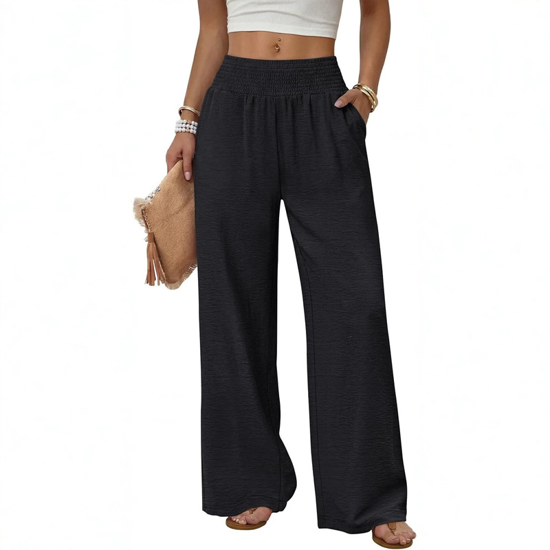 Sampeel Wide-Leg Pants for Women, High-Waisted Long Pants with Pockets, Casual Lounge Wear
