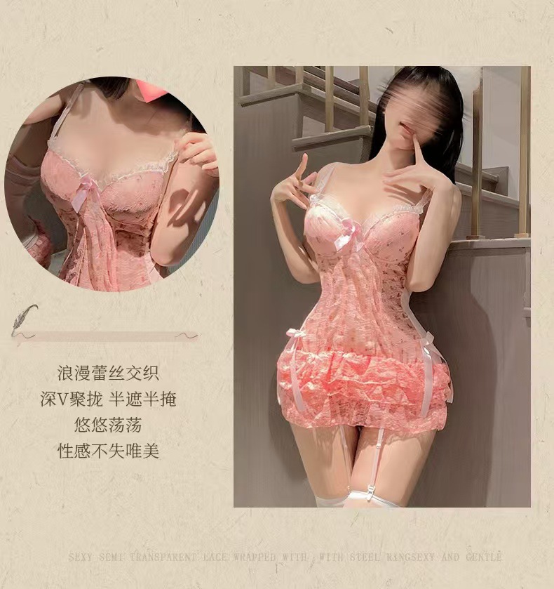 French-Style Lace Push-up Vest Lingerie Set with Chest Pads and White Stockings — detail image 8