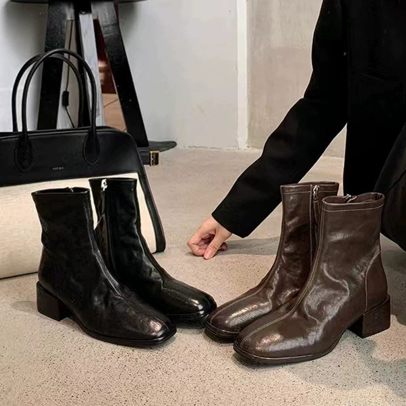Виноградная мама в Корейском стиле, сестра ~ осень и зима, новые тонкие короткие сапоги из лошадиной кожи с квадратной головой, тонкие короткие сапоги Martin на толстом каблуке для женщин