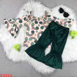 欧美童装外贸批发女孩圣帕特里克四叶草新款天鹅绒喇叭裤套装