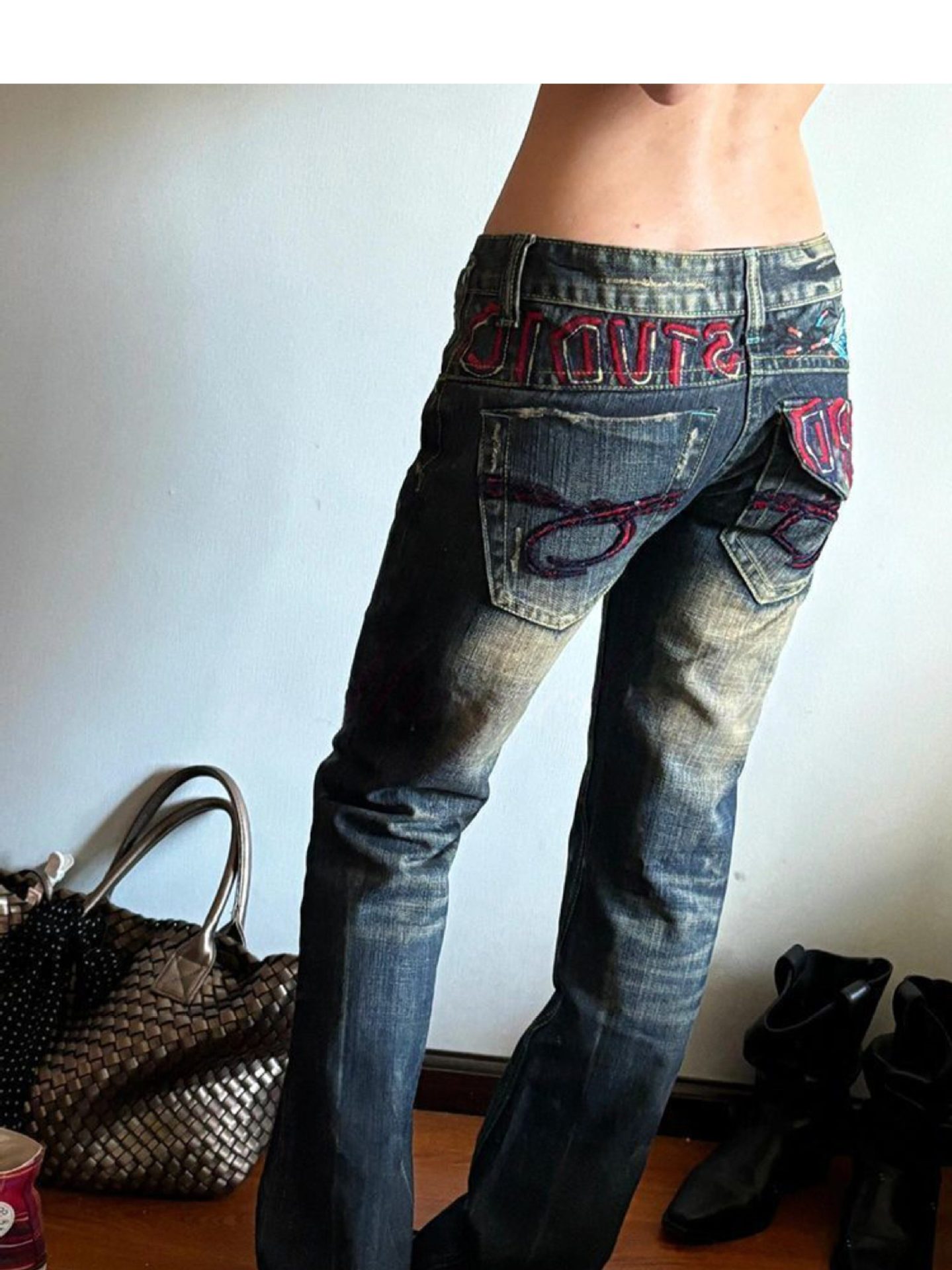 ​​Vintage Low-Rise Distressed Jeans For Women - Y2k Style With Heavy Embroidery, Baggy & Long Straight Leg Denim Pants​​_ecoleips.com