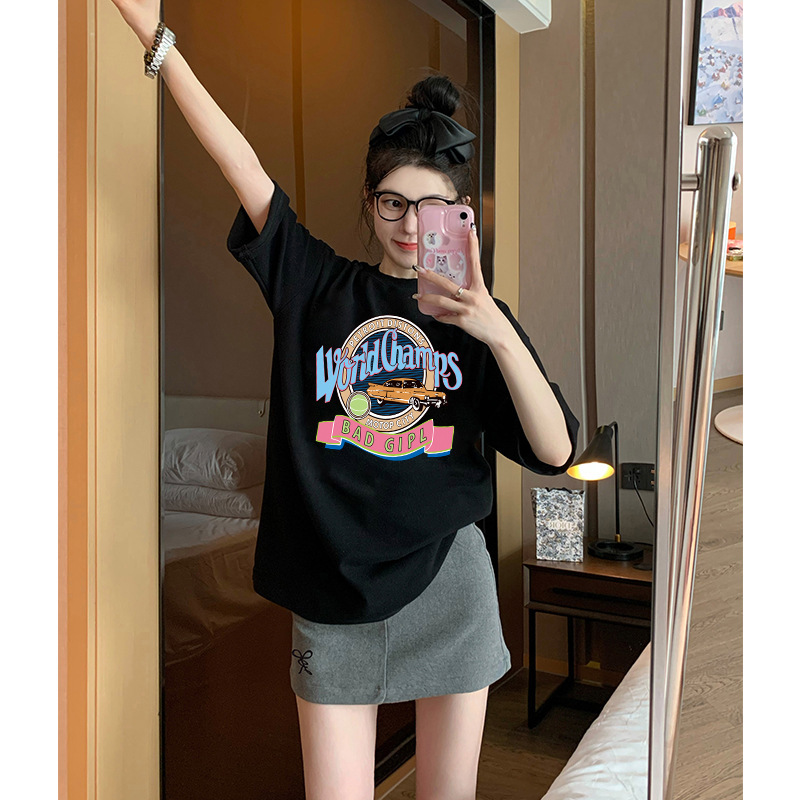 純綿半袖tシャツ女性夏韓国版新型ゆるい丸首小衆白色アニメプリント学生半袖tシャツ|undefined