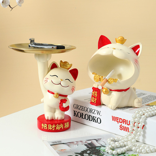 Creative light luxury Lucky Cat Ornament Stand Ashtray Storage Tray Home Living Room Entrance Decoration Craft Gift