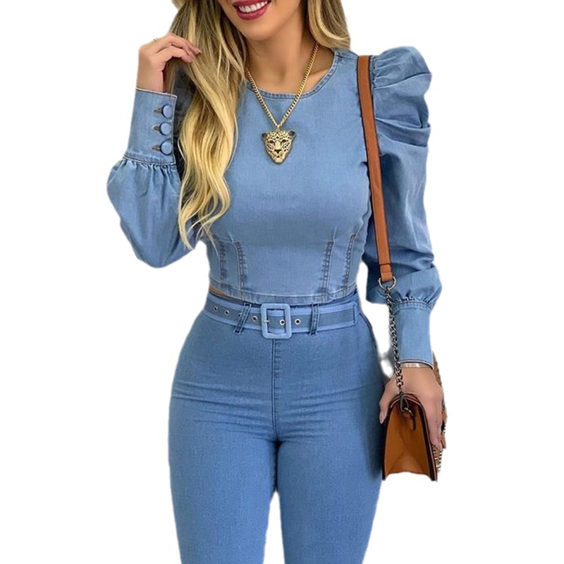 161g Weight Long Sleeve Sleeve Length Pullovers Placket Type Puff Sleeve Sleeve Type Denim Fabric Type Wholesale Women's Elegant Streetwear Solid Color Long Sleeve Blouses