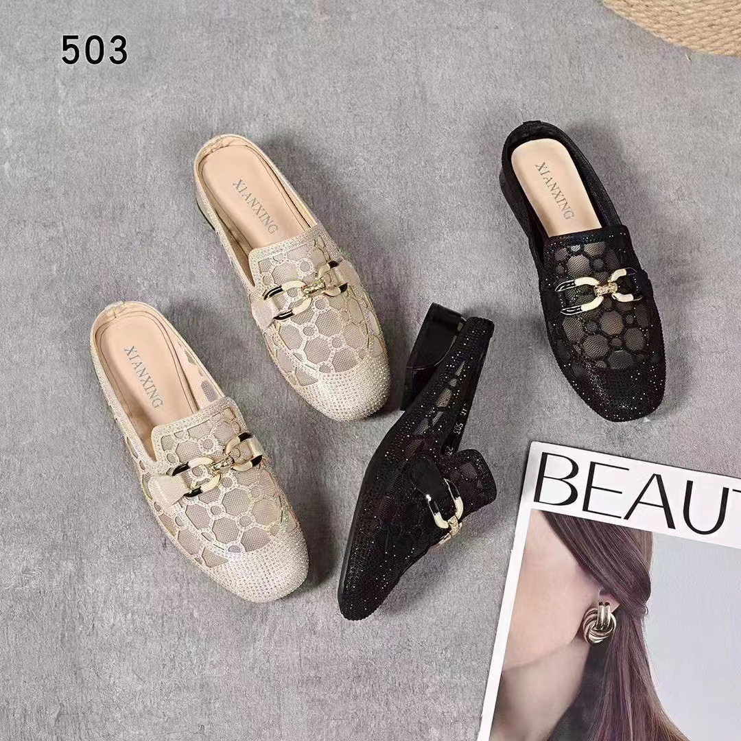 Dép sandal nữ quai ngang lưới mũi vuông gót thấp kiểu Anh thoáng khí — đen chi tiết 7