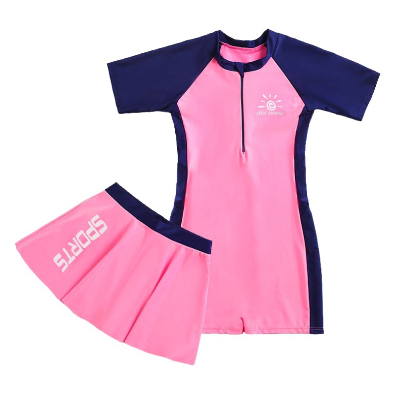 Natación Traje de baño para niños de manga corta para mujer de una sola pieza de protección solar para niñas medianas y grandes, falda de traje de baño impermeable de secado rápido para niñas