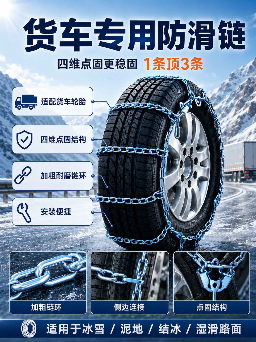 Large 22 Series Car Anti-Skid Chains, Wear-Resistant Manganese Steel, Truck, Bus, Fire Truck, Off-Road Snow Tire Anti-Skid Chains