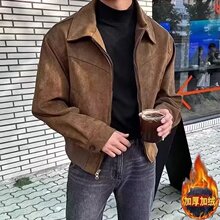 秋冬韩国男士短款宽松翻领加绒加厚拉链麂皮绒面飞行夹克港风外套