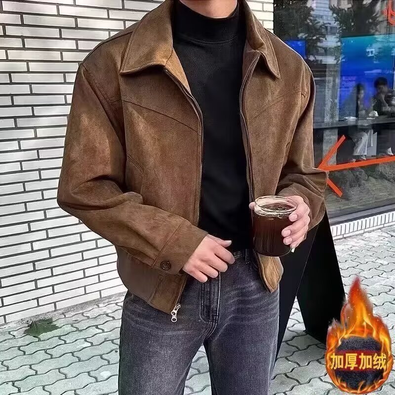 秋冬韩国男士短款宽松翻领加绒加厚拉链麂皮绒面飞行夹克港风外套