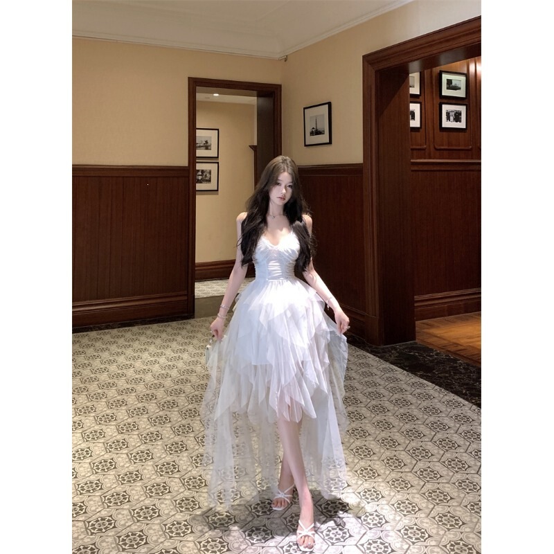 French-Style White Spaghetti Strap Dress for Women, Summer Fairy-Like Gown with Mesh Waist, A-Line Long Dress