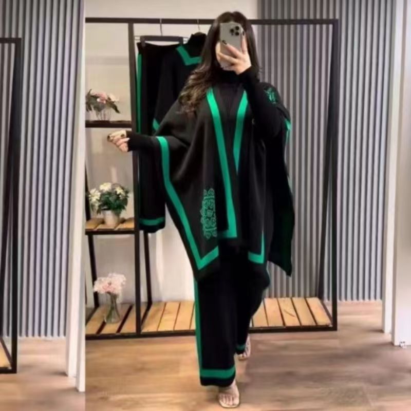 Cross-border European and American Color-block Shawl Top Loose Wide-leg Pants Knitted Three-piece Simple Casual Style suit Women's Clothing